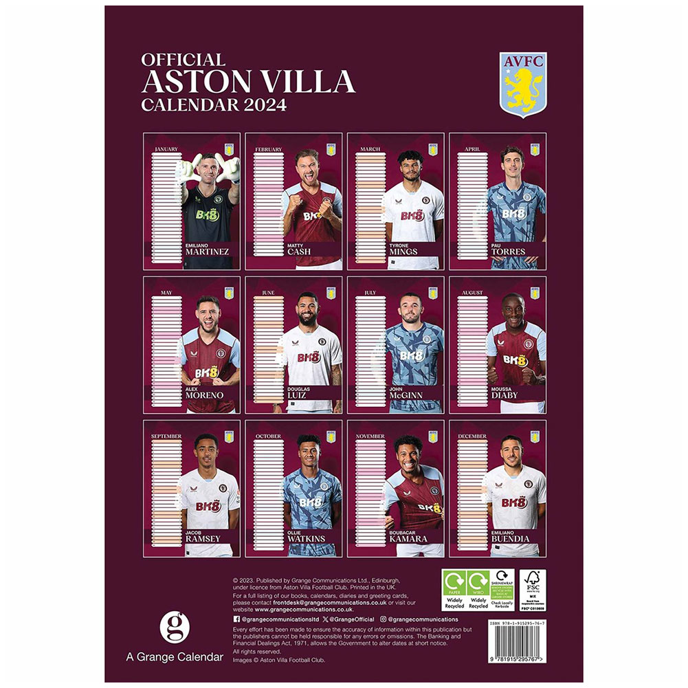 Aston Villa FC A3 Calendar 2024 Taylors Merchandise